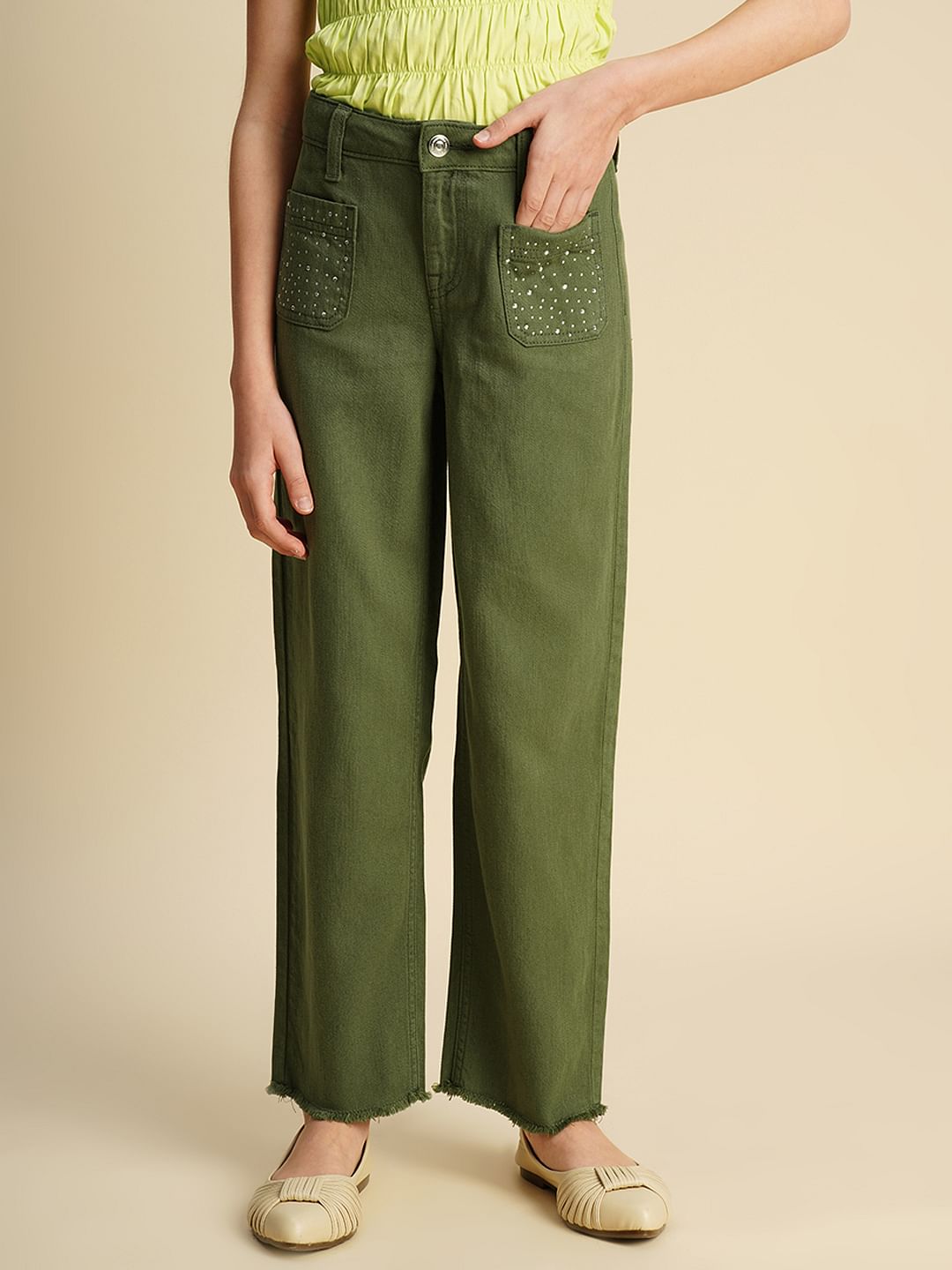 Girls Green Embellished Wide Leg Jeans