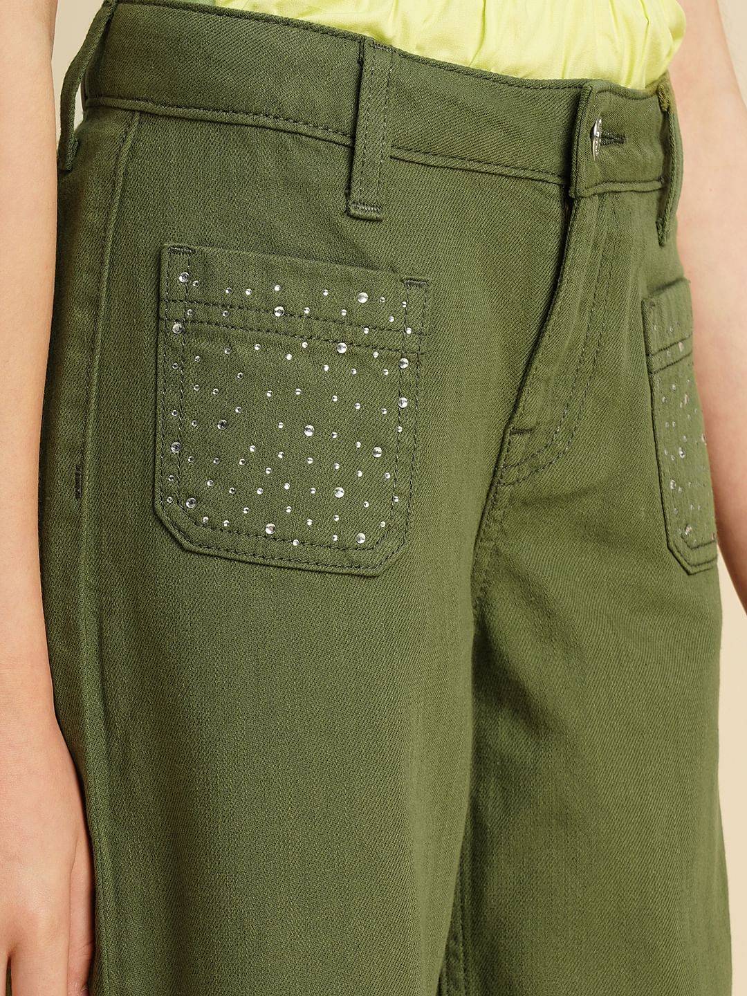 Girls Green Embellished Wide Leg Jeans