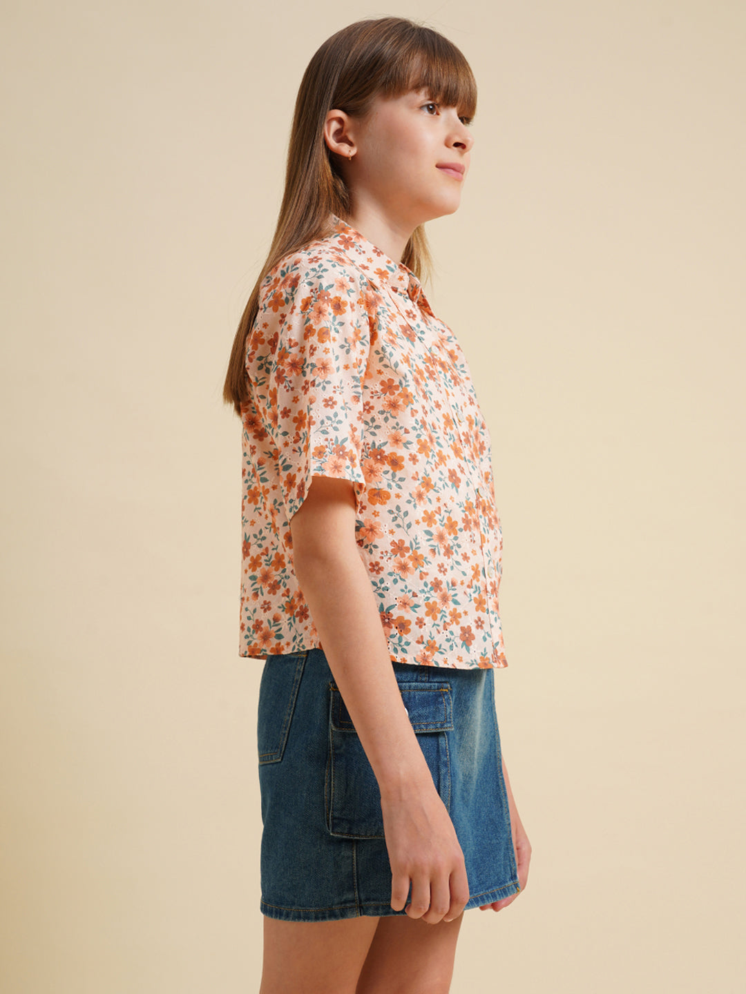 Girls Orange Floral Cotton Shirt