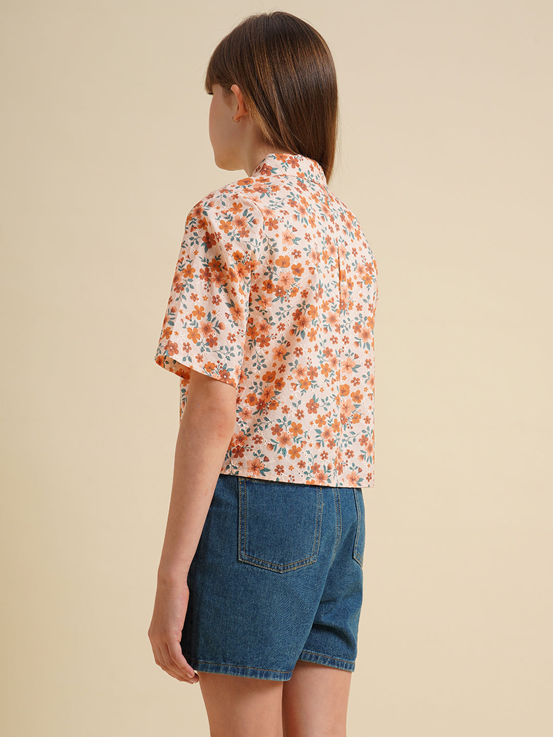 Girls Orange Floral Cotton Shirt