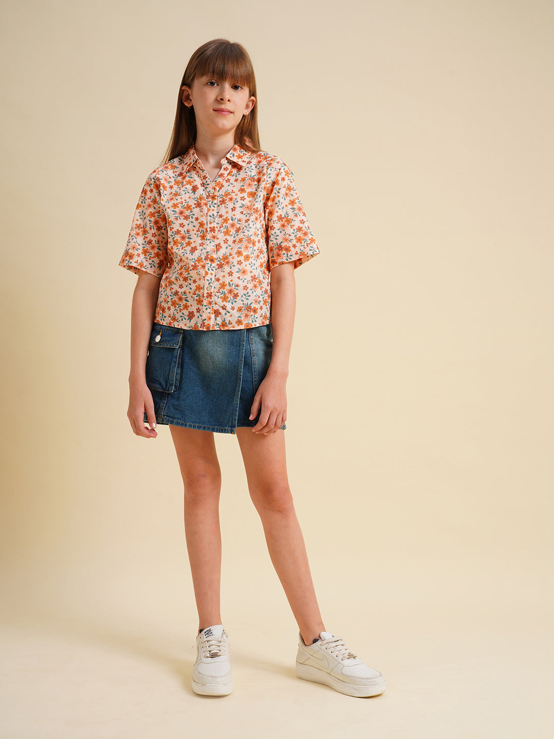 Girls Orange Floral Cotton Shirt