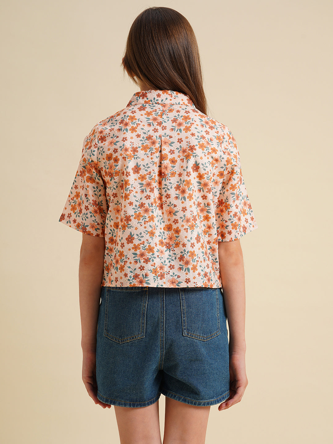 Girls Orange Floral Cotton Shirt