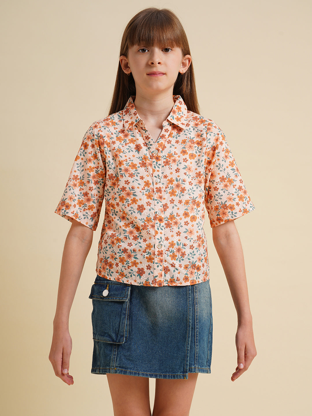 Girls Orange Floral Cotton Shirt