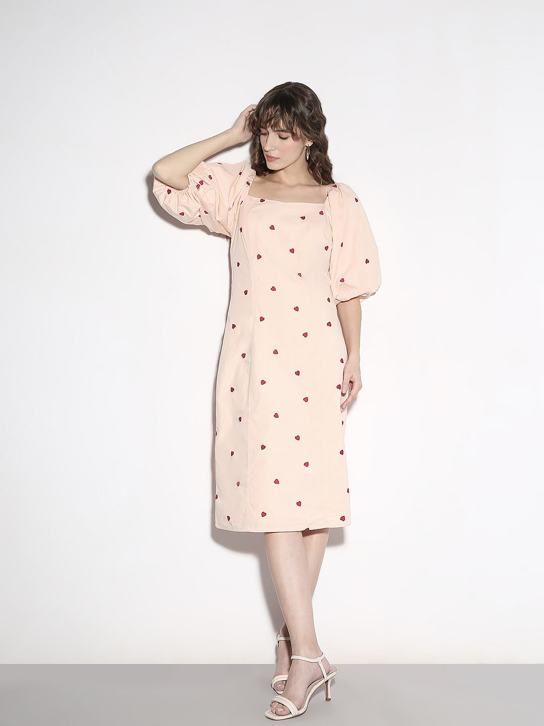 Peach Heart Print Midi Dress
