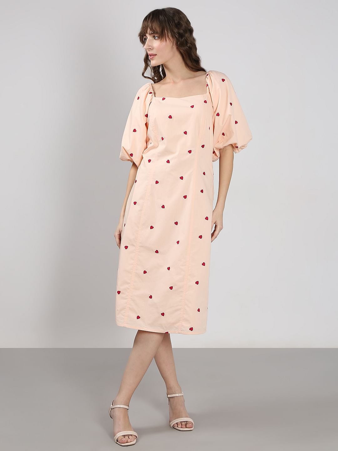 Peach Heart Print Midi Dress