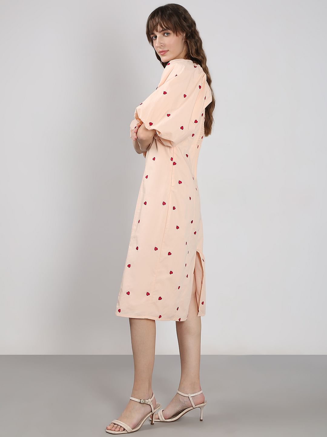 Peach Heart Print Midi Dress