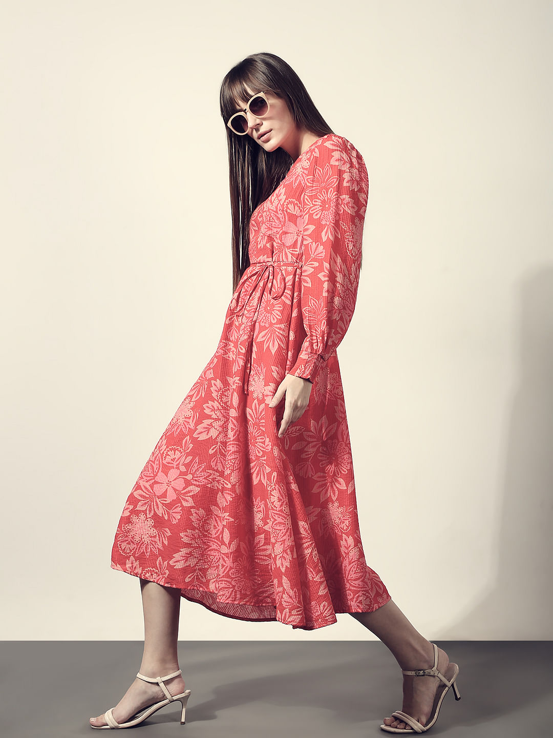 Red Printed Midi Dress