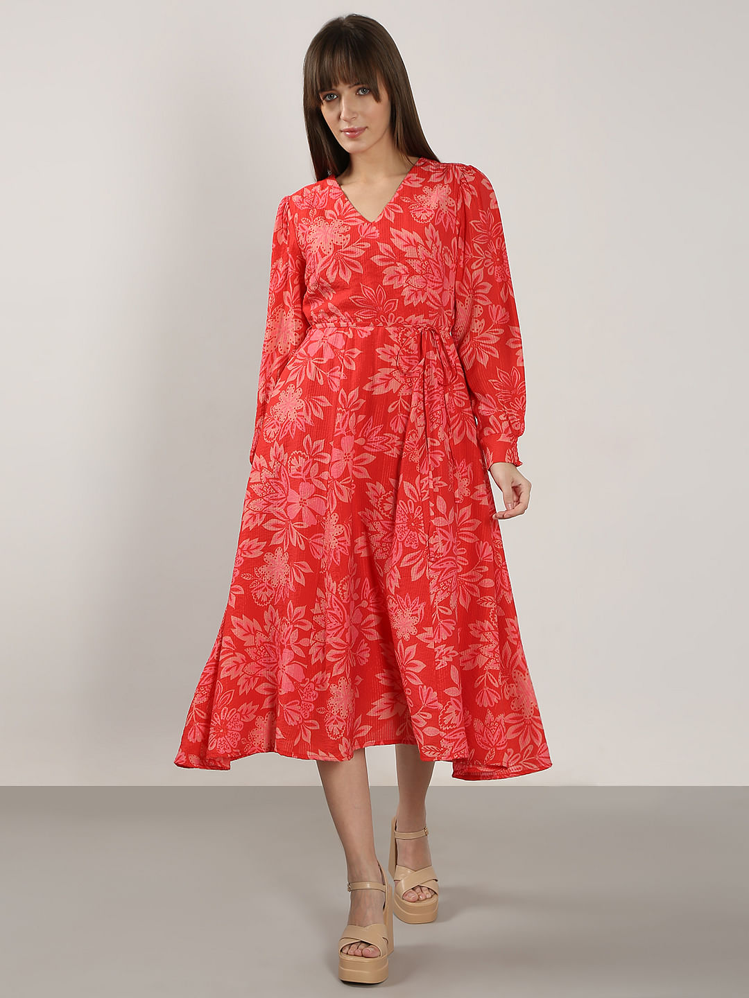 Red Printed Midi Dress