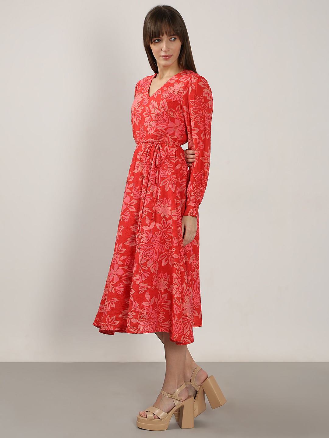 Red Printed Midi Dress