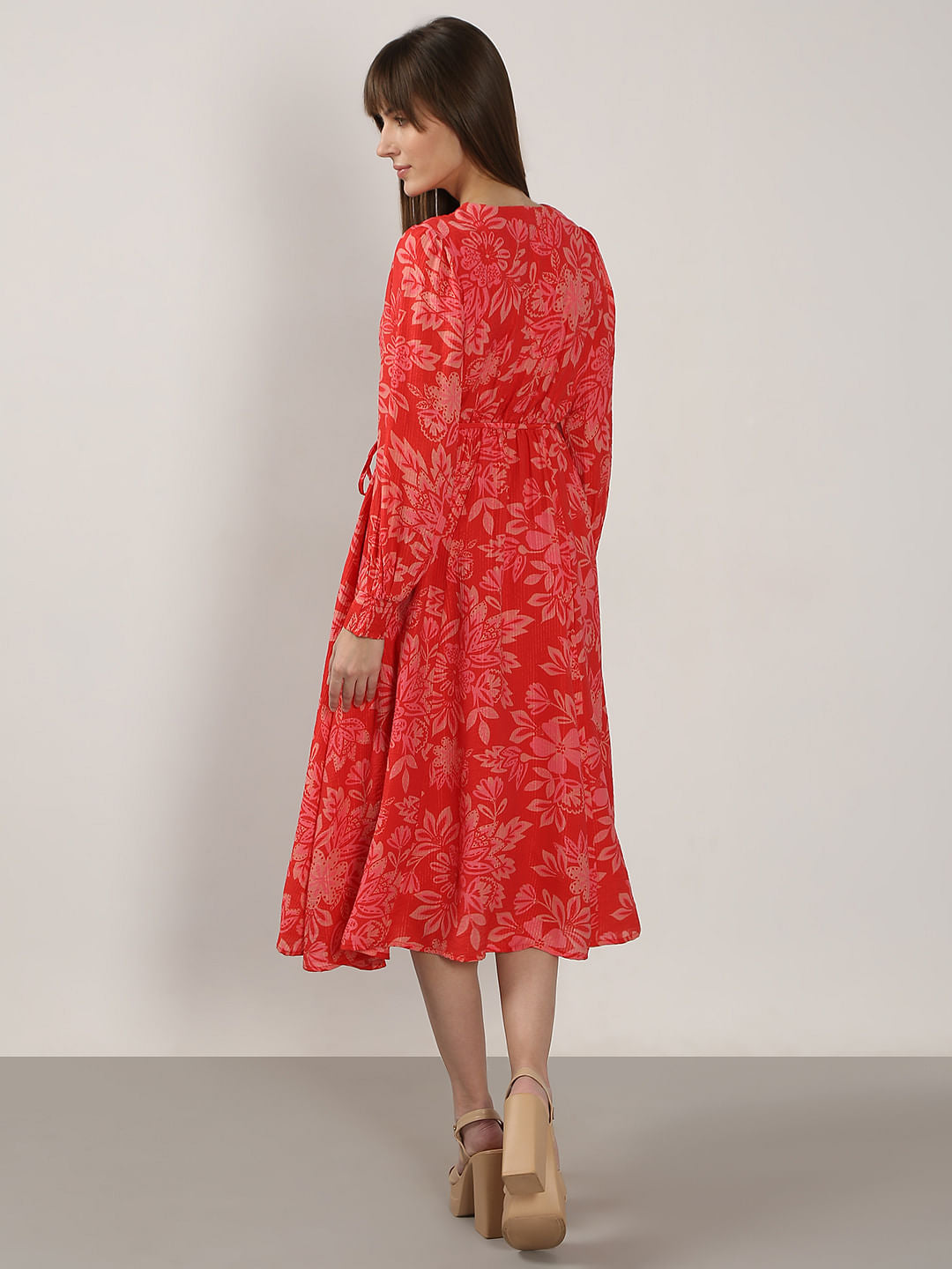 Red Printed Midi Dress