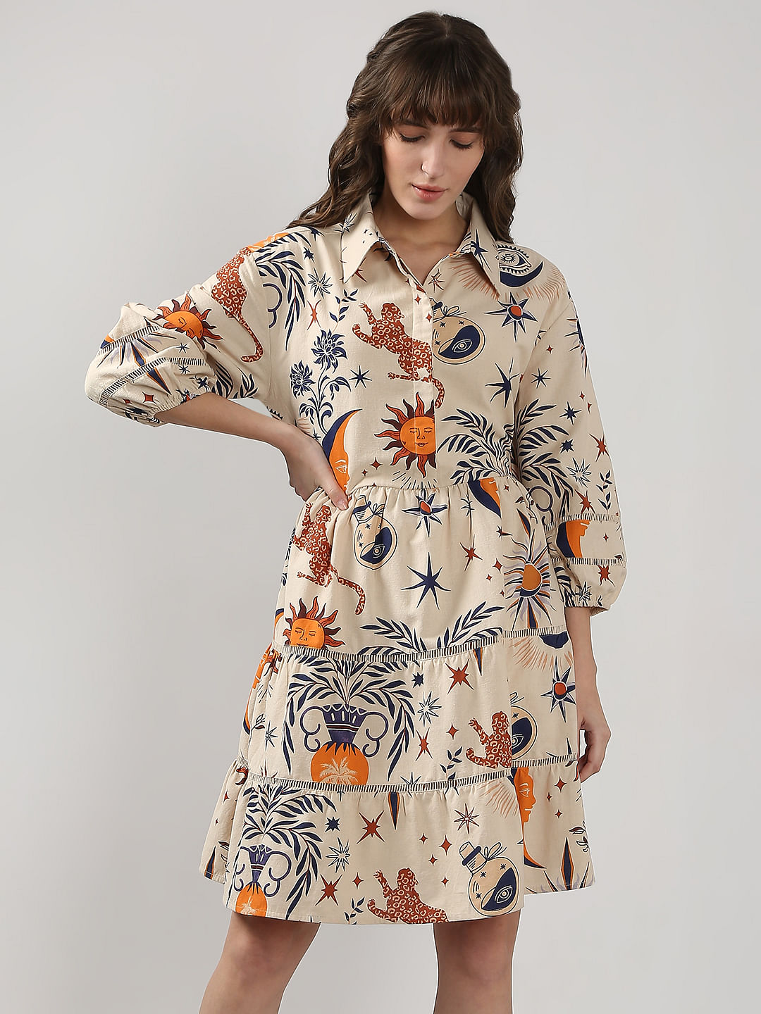 Ecru Printed Shirt Dress