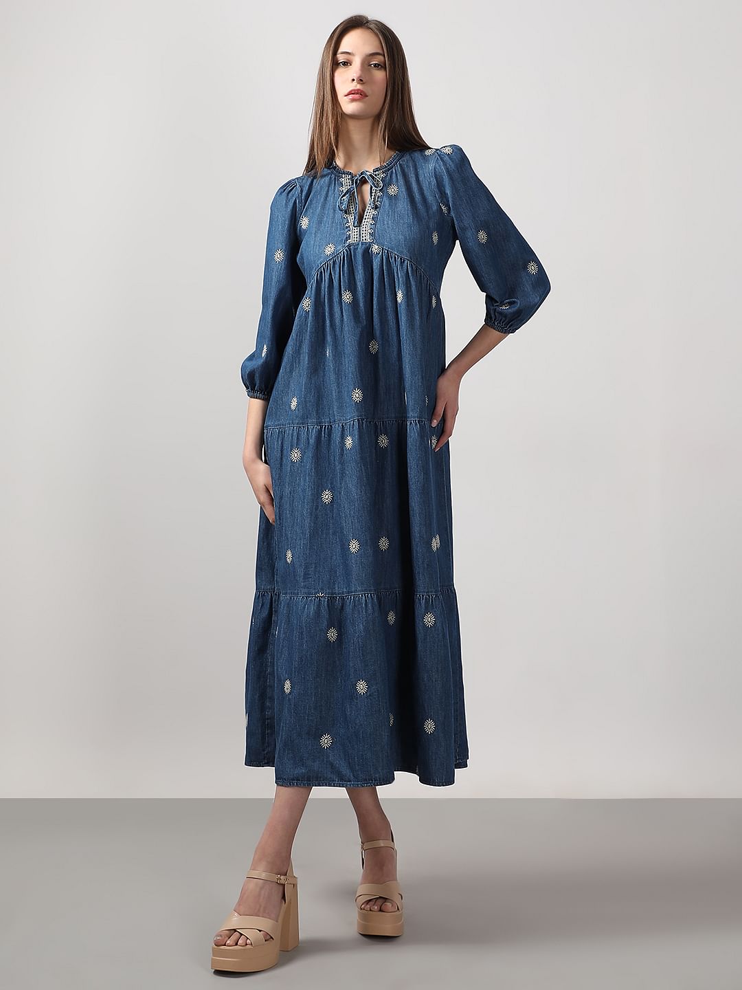 Dark Blue Embroidered Denim Dress