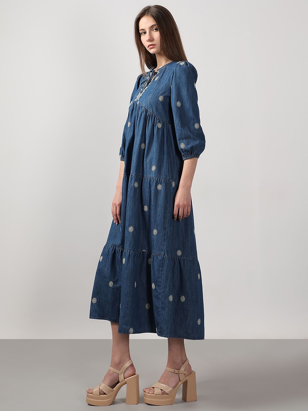 Dark Blue Embroidered Denim Dress