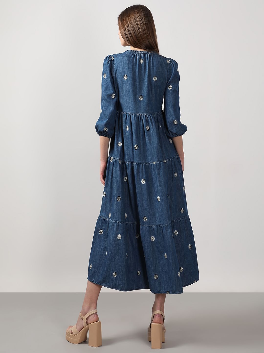Dark Blue Embroidered Denim Dress