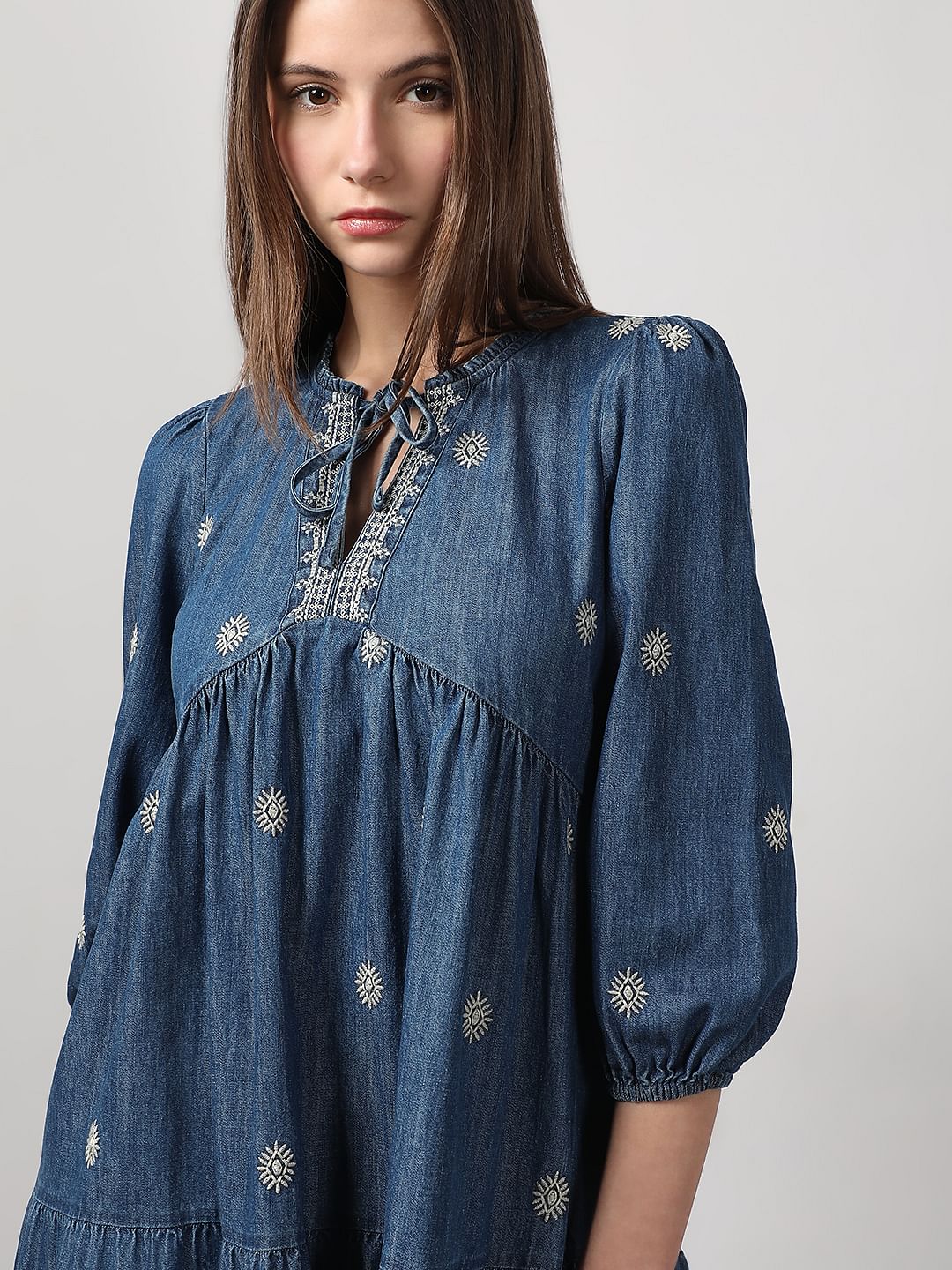 Dark Blue Embroidered Denim Dress