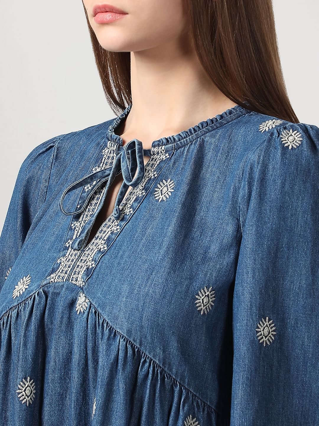 Dark Blue Embroidered Denim Dress