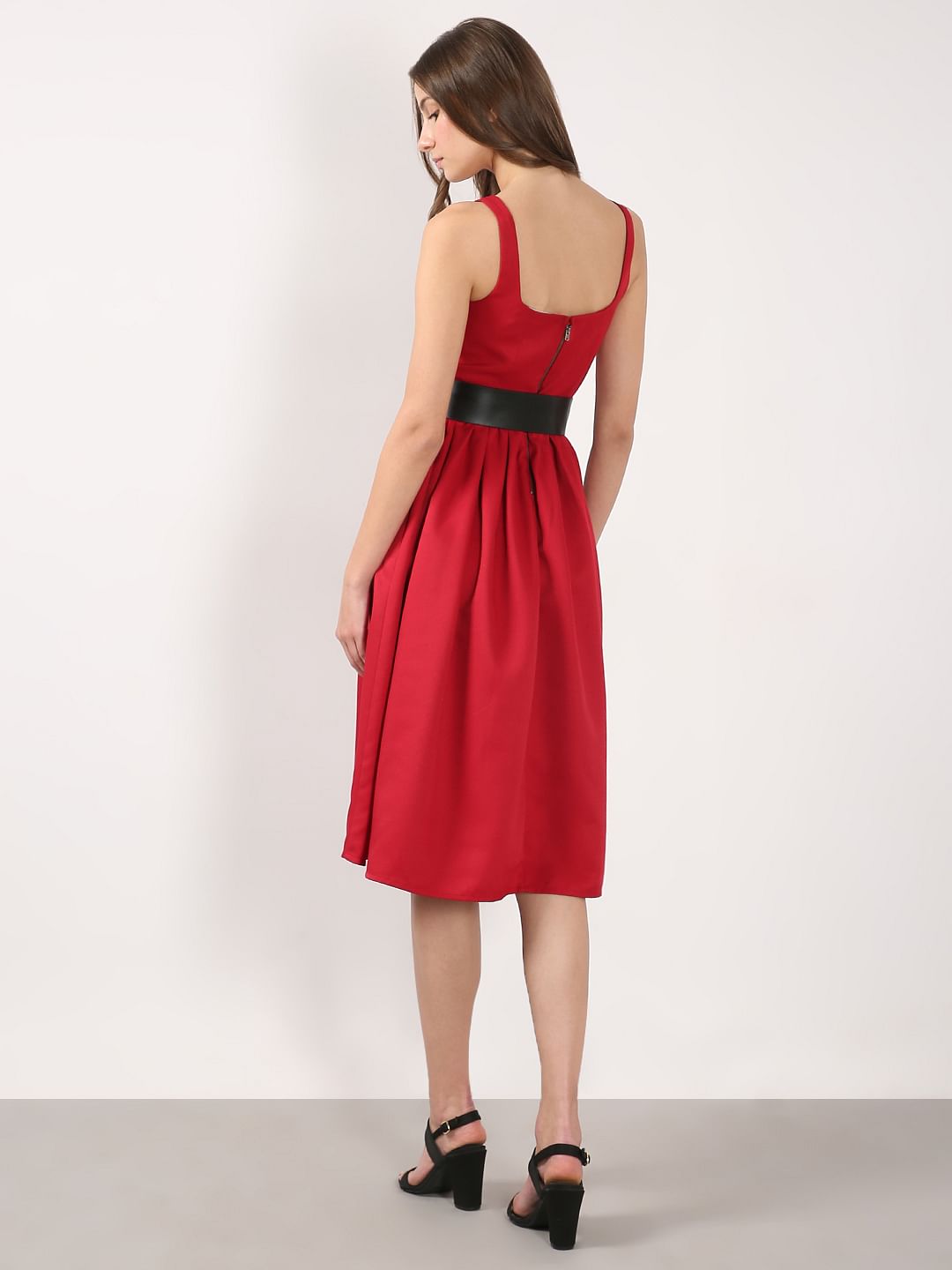 Red Square Neck Midi Dress
