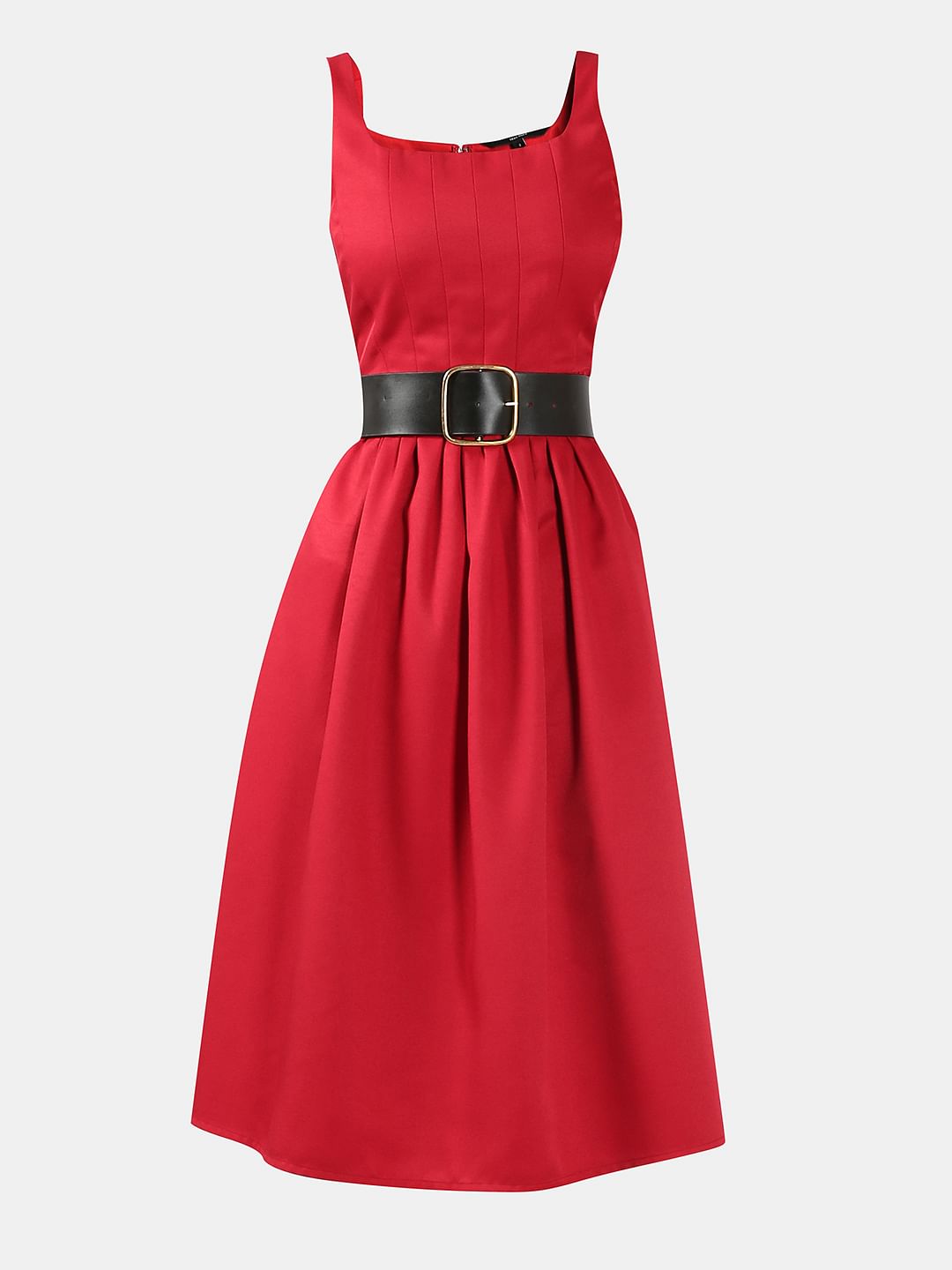 Red Square Neck Midi Dress