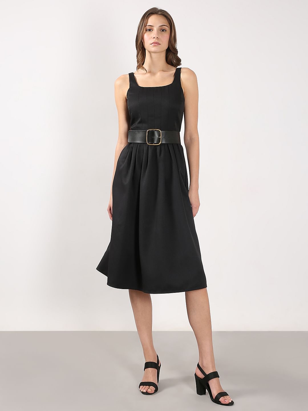 Black Belted Midi Flared Dress