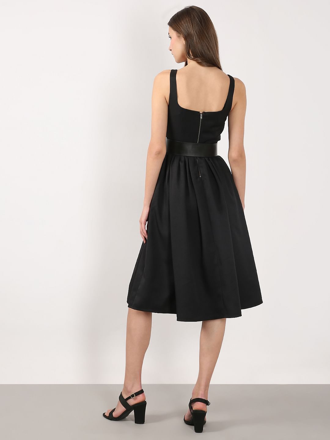 Black Belted Midi Flared Dress
