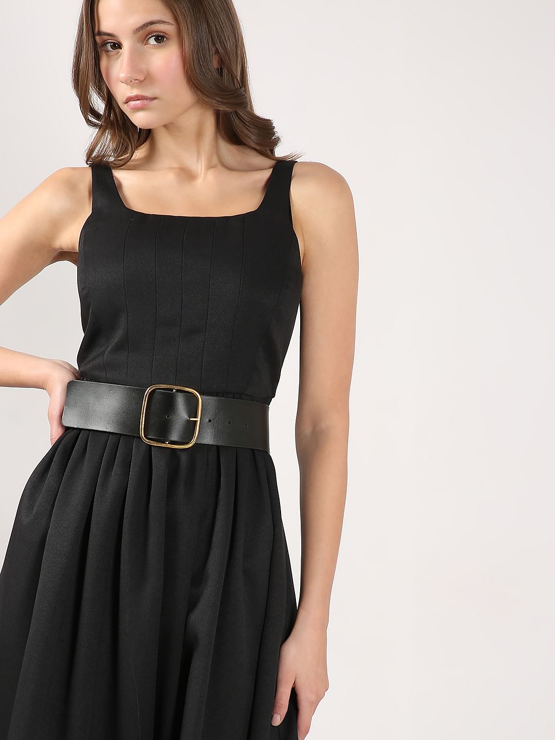 Black Belted Midi Flared Dress