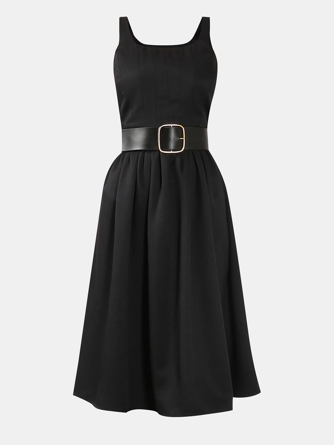 Black Belted Midi Flared Dress