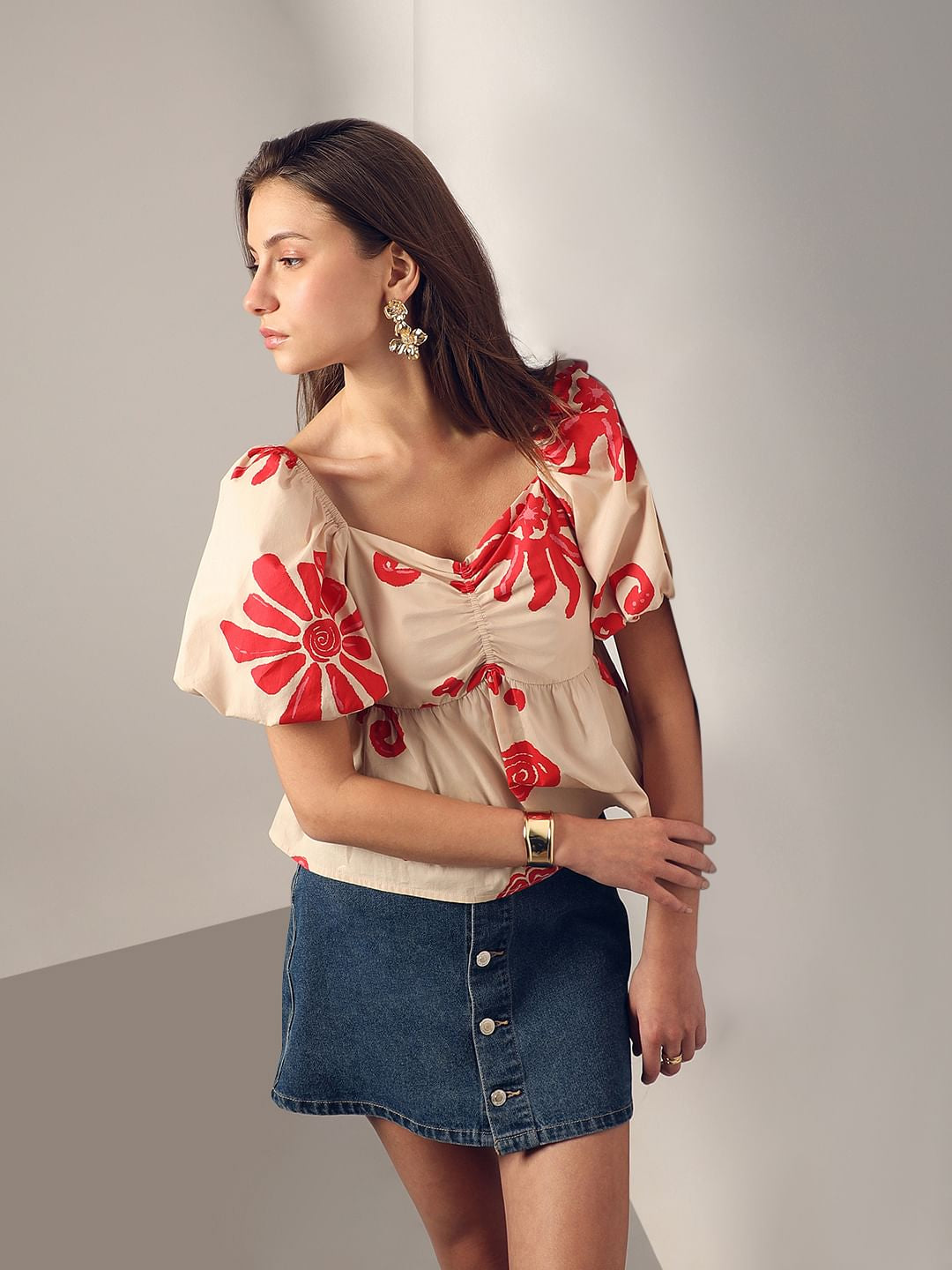 Beige Printed Balloon Sleeves Top