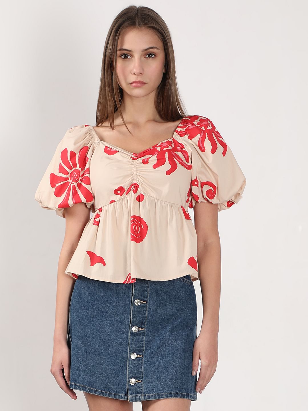 Beige Printed Balloon Sleeves Top