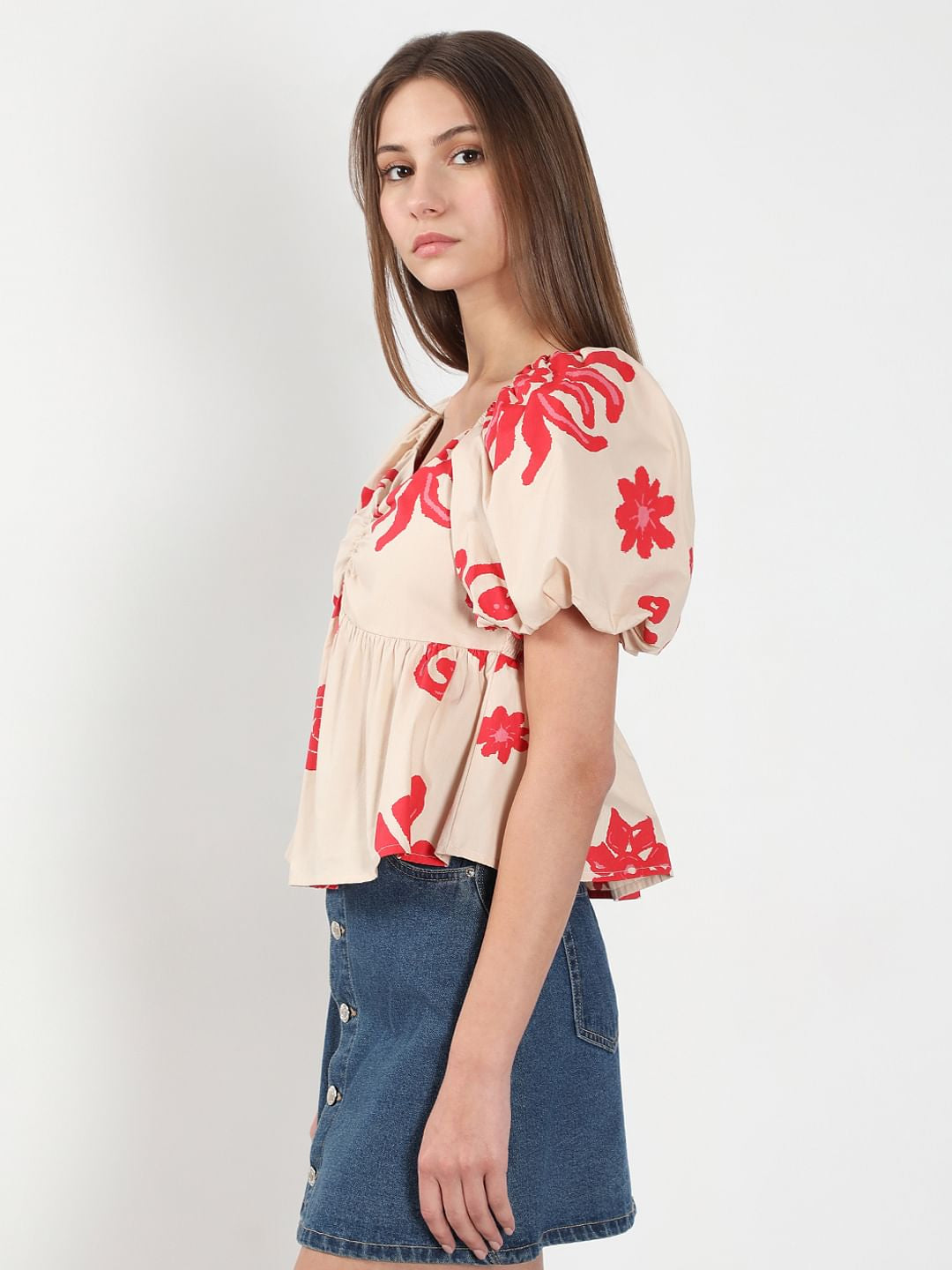 Beige Printed Balloon Sleeves Top