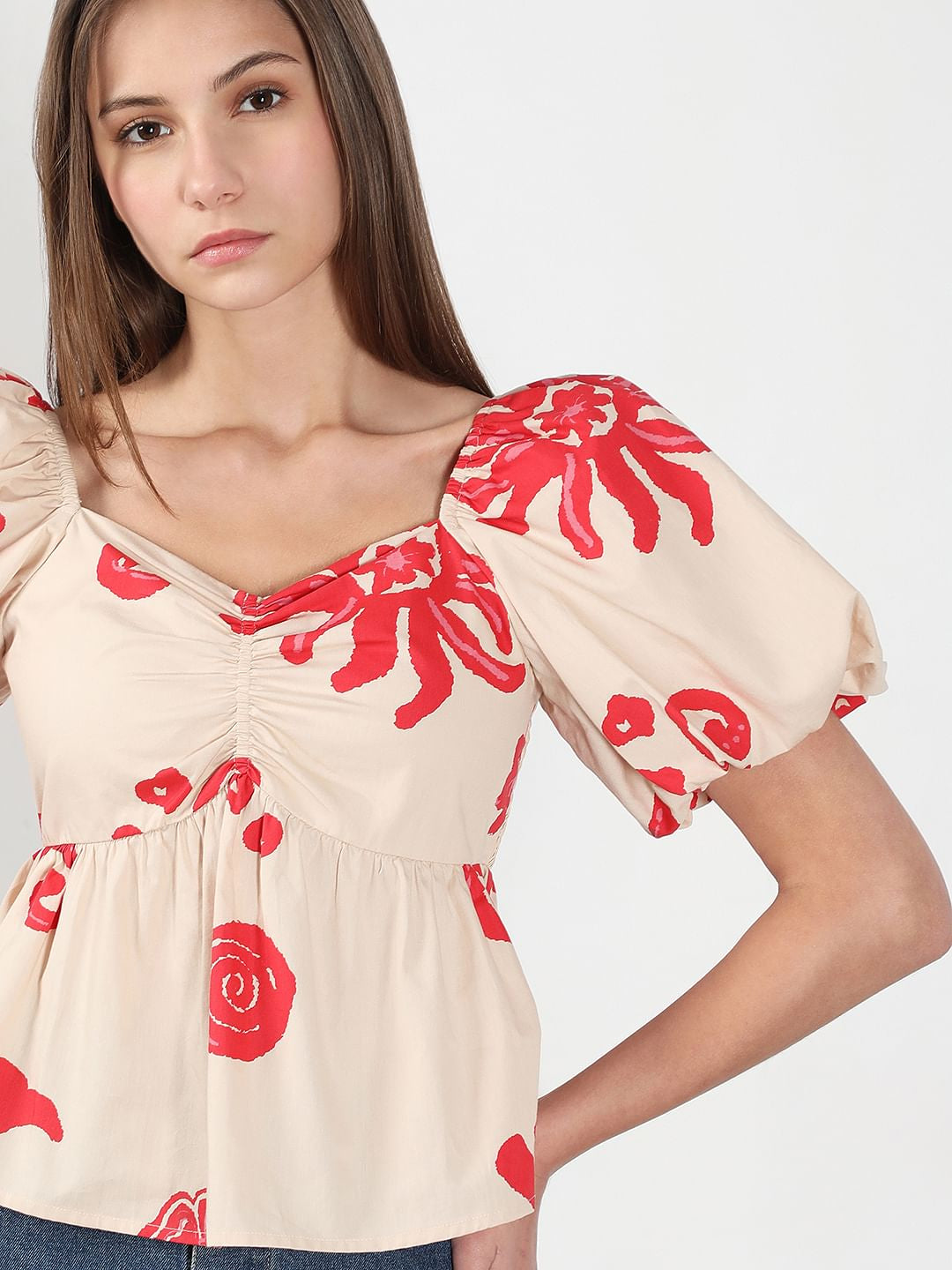 Beige Printed Balloon Sleeves Top