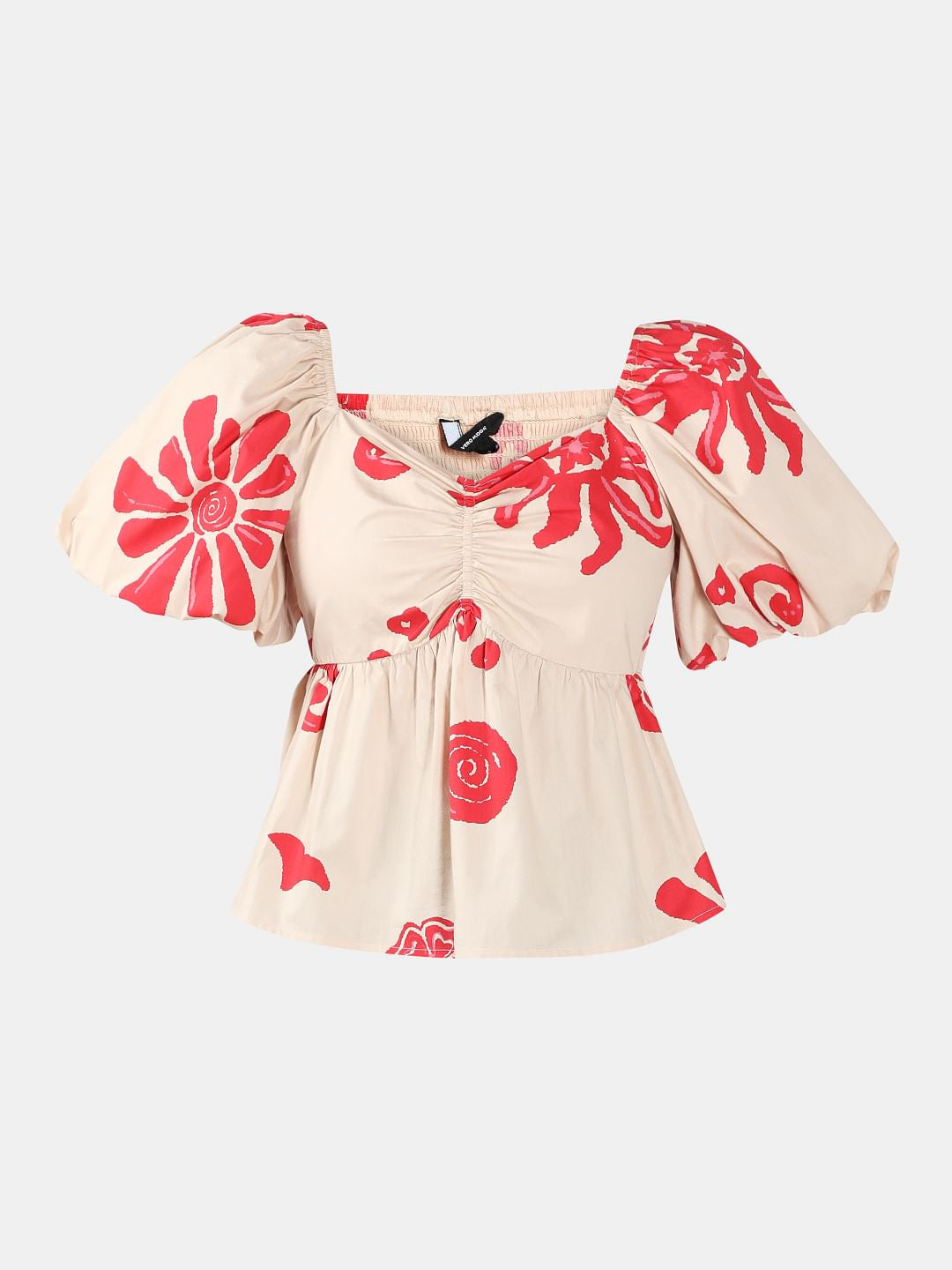 Beige Printed Balloon Sleeves Top