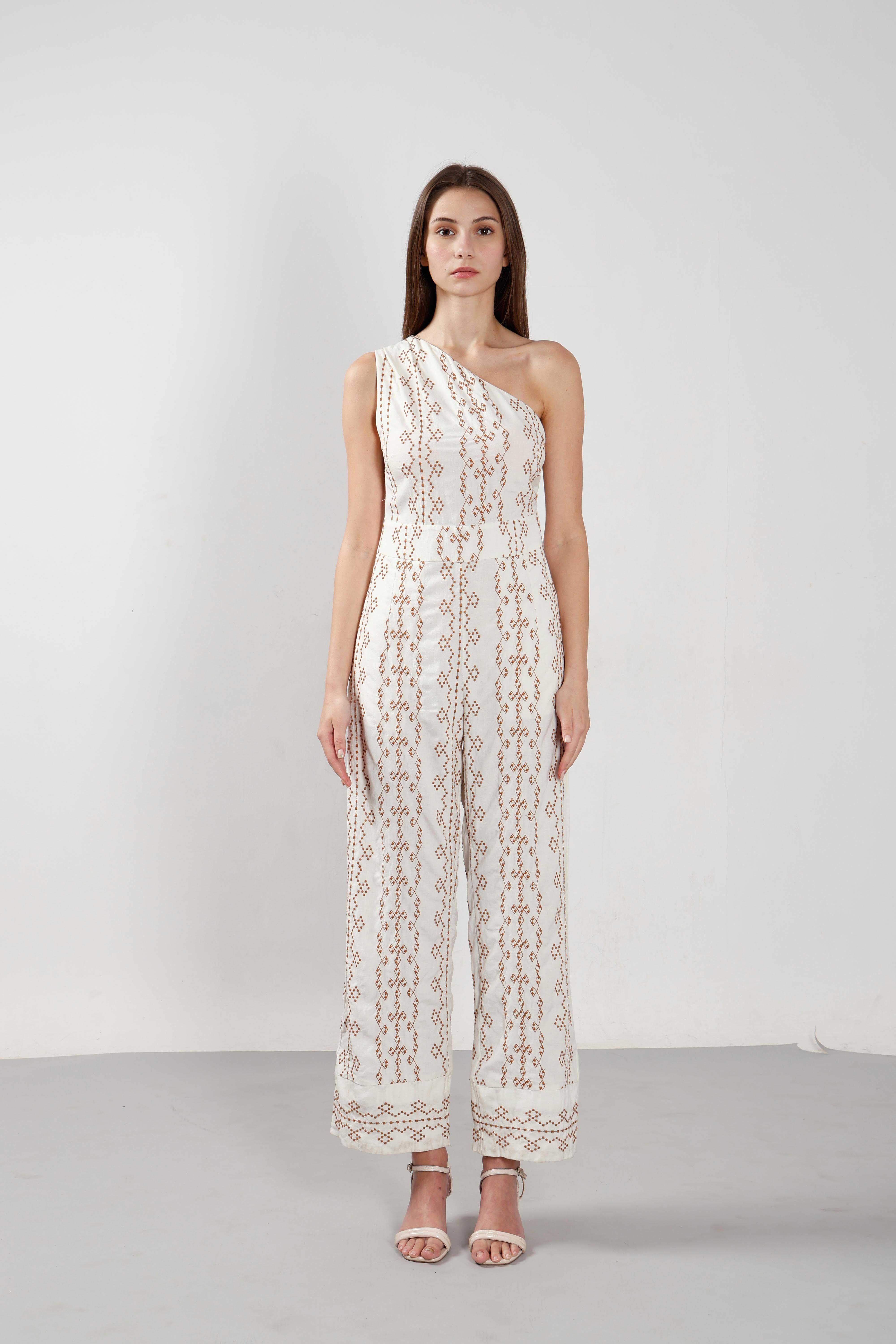 Vero Moda off-White Printed One-Shoulder Jumpsuit