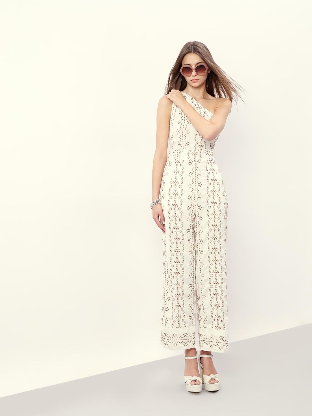Vero Moda off-White Printed One-Shoulder Jumpsuit