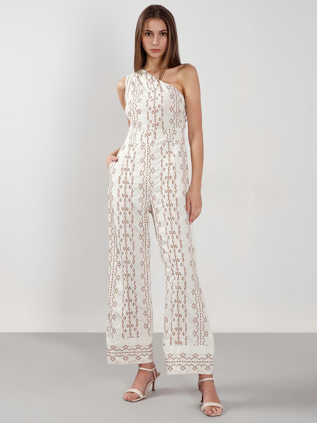 Vero Moda off-White Printed One-Shoulder Jumpsuit