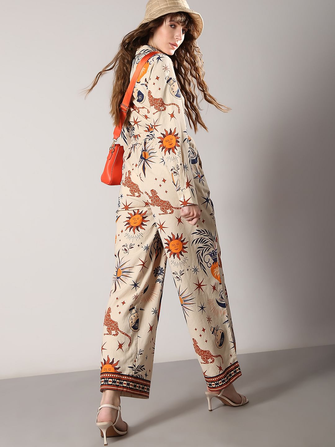 Beige Printed Co-Ord Set Flared Pants