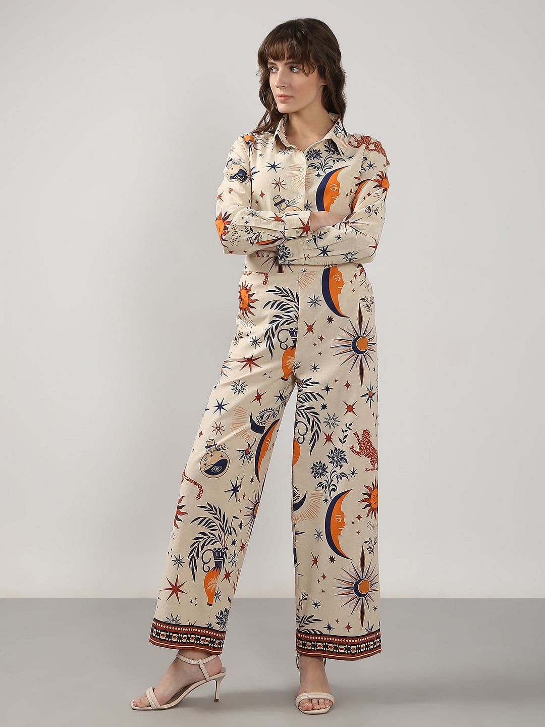 Beige Printed Co-Ord Set Flared Pants