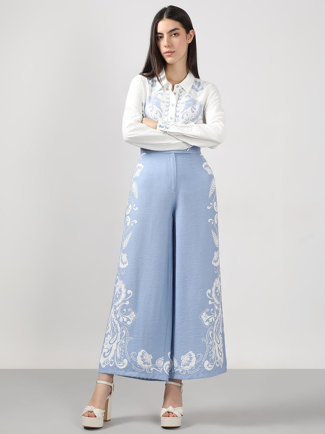 Vero Moda Blue Printed Wide Leg Pants