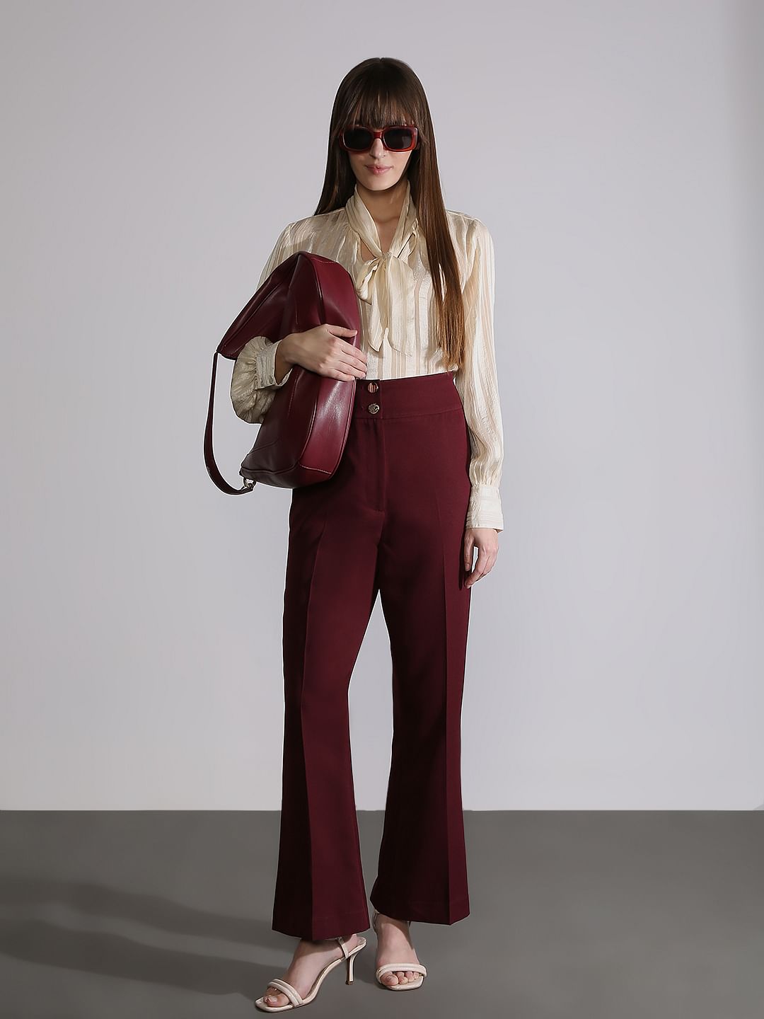 Maroon High Rise Wide Leg Pants