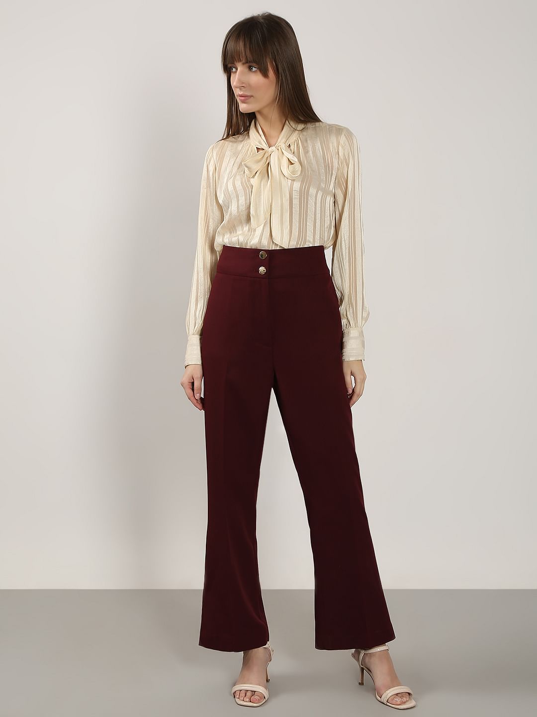 Maroon High Rise Wide Leg Pants