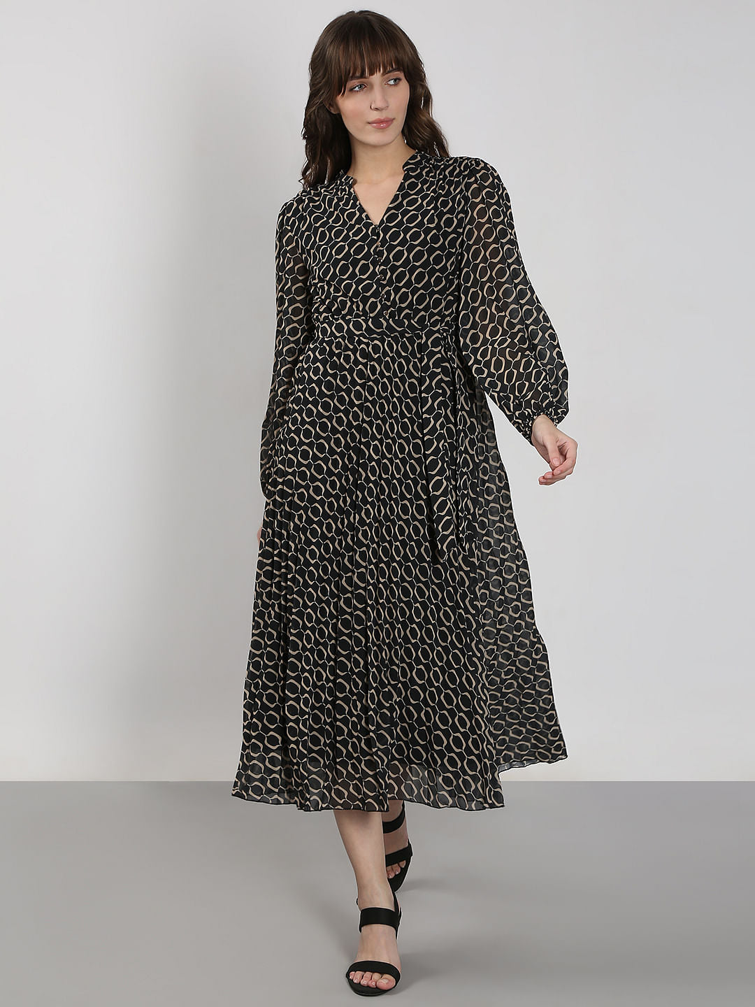 Black Geometric Print Midi Dress