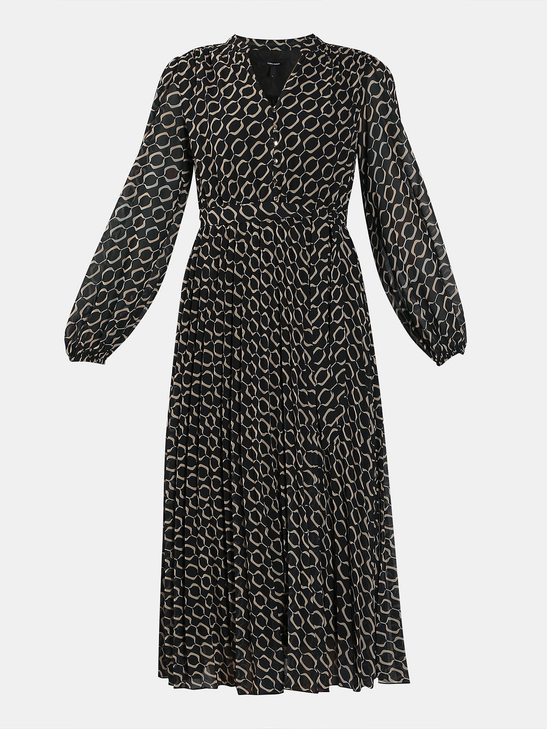 Black Geometric Print Midi Dress