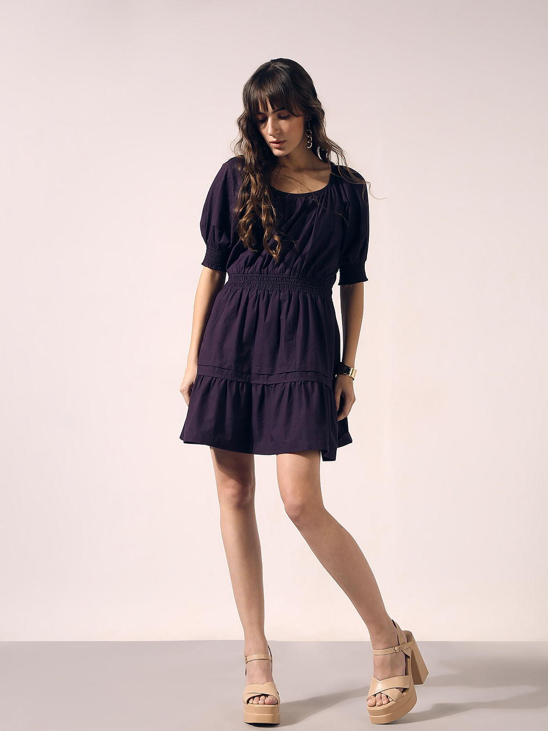 Purple Flared Short Cotton Dress