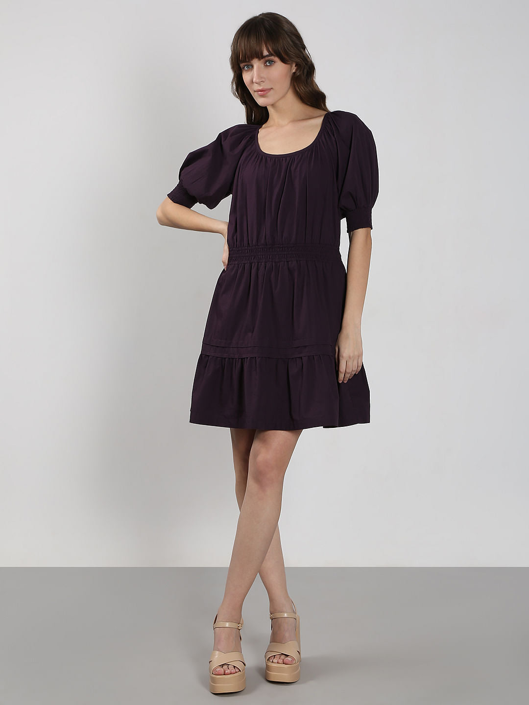 Purple Flared Short Cotton Dress