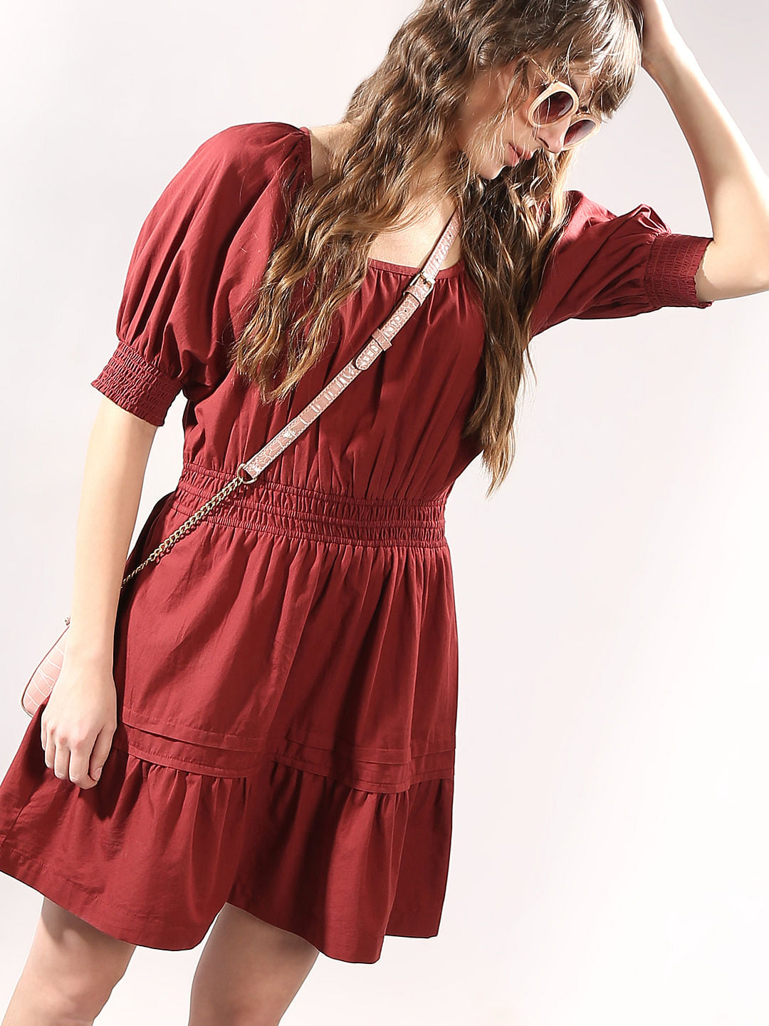 Dark Red Flared Short Cotton Dress