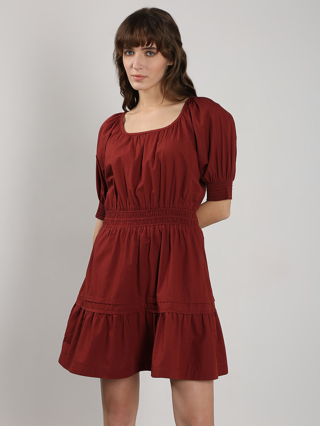 Dark Red Flared Short Cotton Dress
