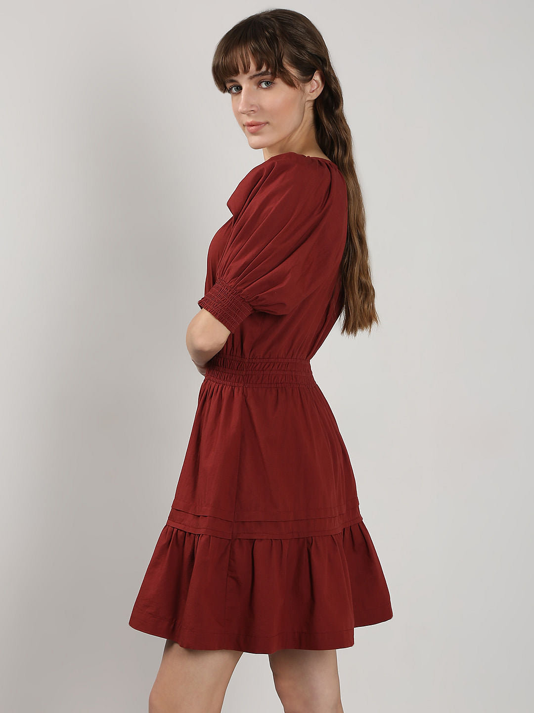 Dark Red Flared Short Cotton Dress