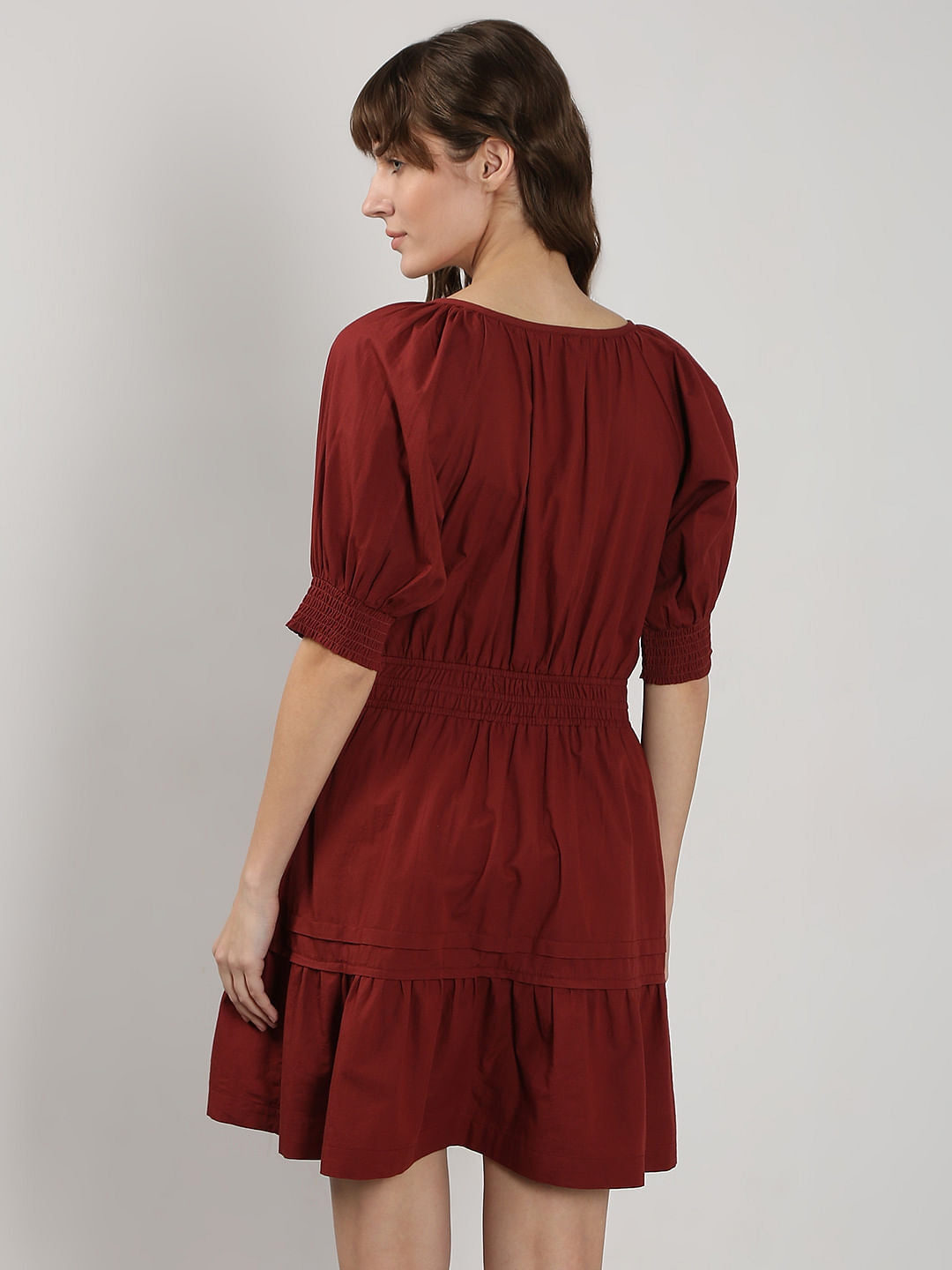 Dark Red Flared Short Cotton Dress