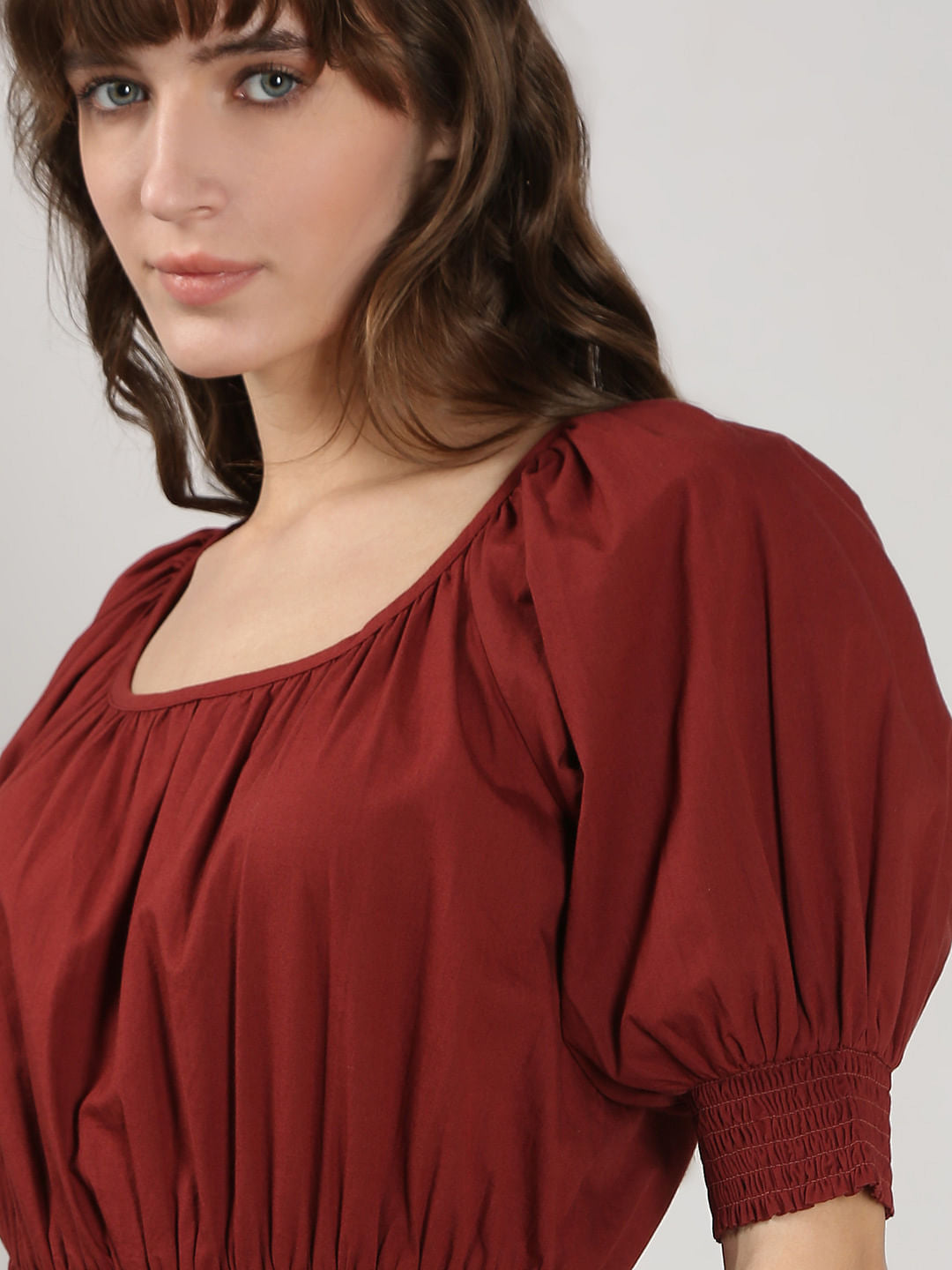 Dark Red Flared Short Cotton Dress
