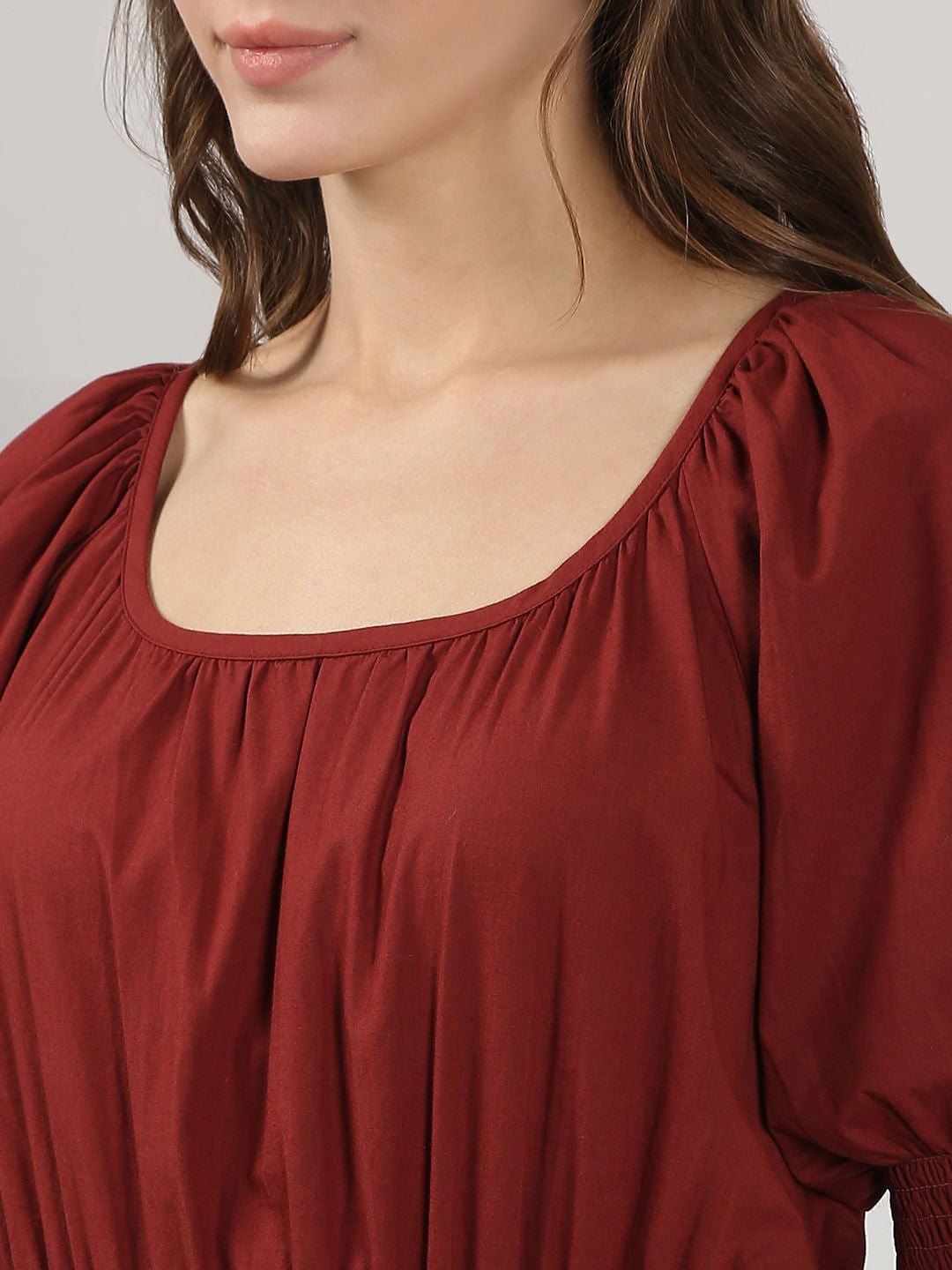 Dark Red Flared Short Cotton Dress