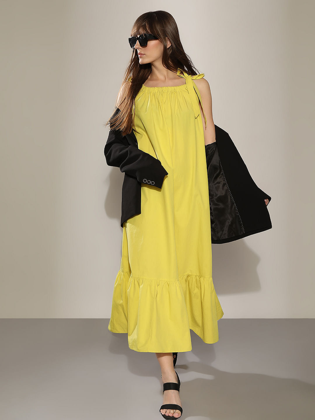 Yellow Flared Cotton Long Dress